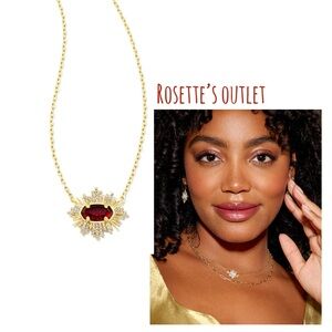 Kendra Scott Grayson Gold Sunburst Frame Short Pendant Necklace in Red Glass
